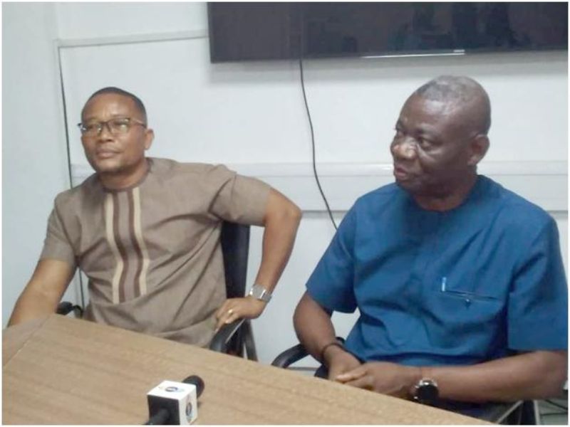 Anokye Abebreseh (right) and William Boateng, Director of Customers Service and the Public Relations Officer briefing the media