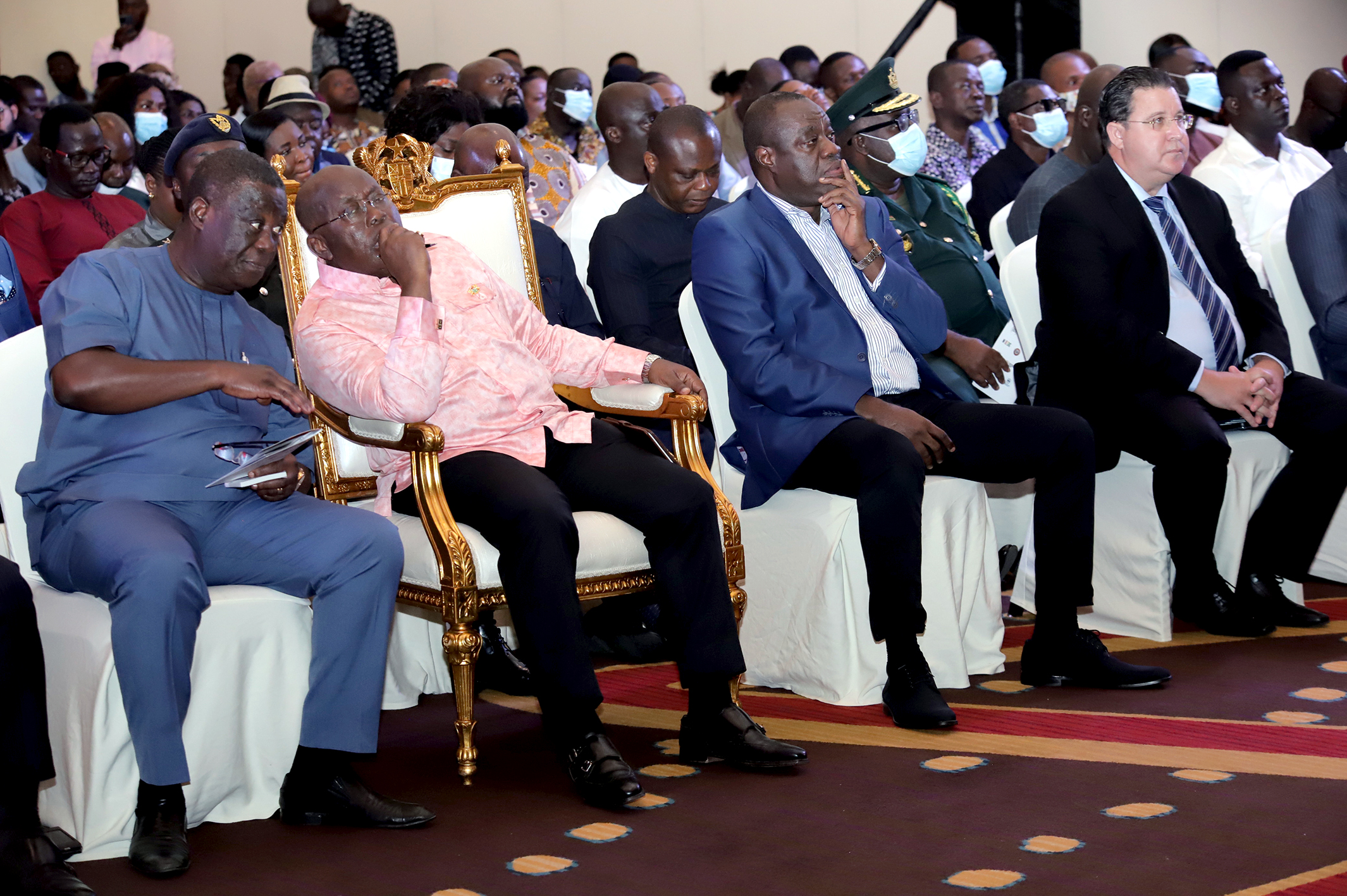 President Akufo-Addo interacting with Kwesi Amoako Atta left, Minister of Roads and Highways, Pierre Laporte (extreme right) World Bank Group Country Director