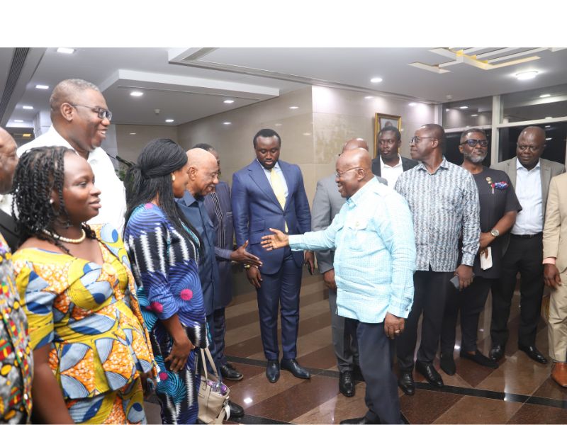 President Akufo-Addo exchanging pleasantries with some of the trainees in welding from a scholarship programme in Canada with the support of the Petroleum Commission at Jubilee House