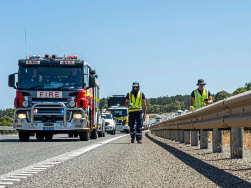 Australian emergency services staff on the outskirts of Perth on January 28, 2023 search for a radioactive capsule believed to have fallen off a truck