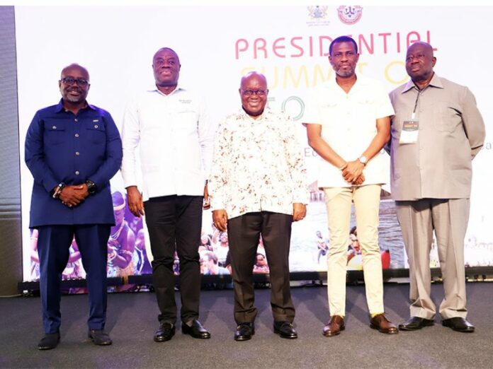 President Akufo-Addo (middle) in a photograph with Akwasi Agyeman (left), C.E.O. Ghana Tourism Authority, Dr. Ibrahim Mohammed Awal (2nd from left), Minister for Tourism, Arts, and Culture, Mr. Seth Adjei Baah, (r) Board Chairman