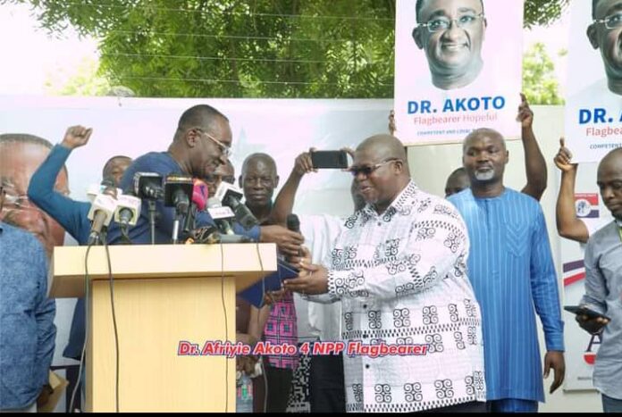 KEN-WUUD Nuworsu presenting the presidential primary nomination forms to Dr. Owusu Afriyie Akoto at his Campaign office on Monday, May 29, 2023.