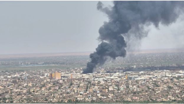 Drone footage shows clouds of black smoke over Bahri, also known as Khartoum North, Sudan,on May 1, 2023.