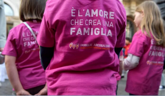 Supporters of the Italian LGBT organization Rainbow Families Association protesting in Rome in March