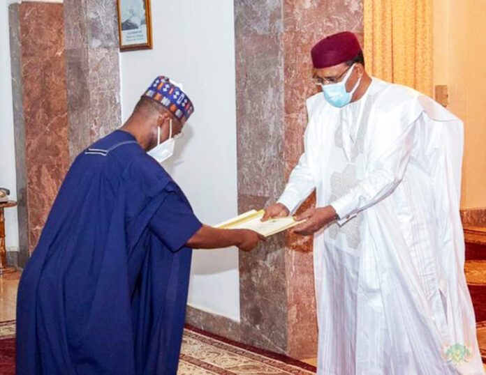 Ambassador Mohammed Sani Usman presenting Letters of Credence to deposed President Mohamed Bazoum of Niger
