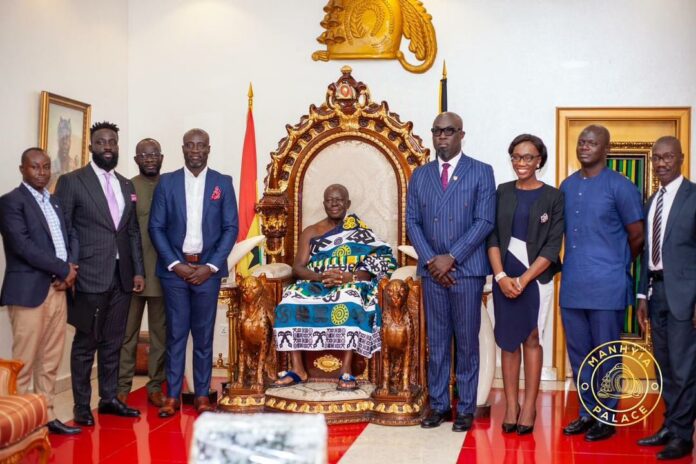 Asantehene (seated) flanked by members of the Project team including Prof. Addai- Mensah(4th right) and Mr. Adu-Boakye (4th left)
