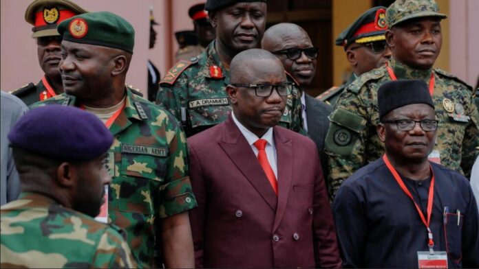 Ghana's Defence Minister Dominic Nitiwul in a pose with Defence leaders from West Africa’s Ecowas bloc