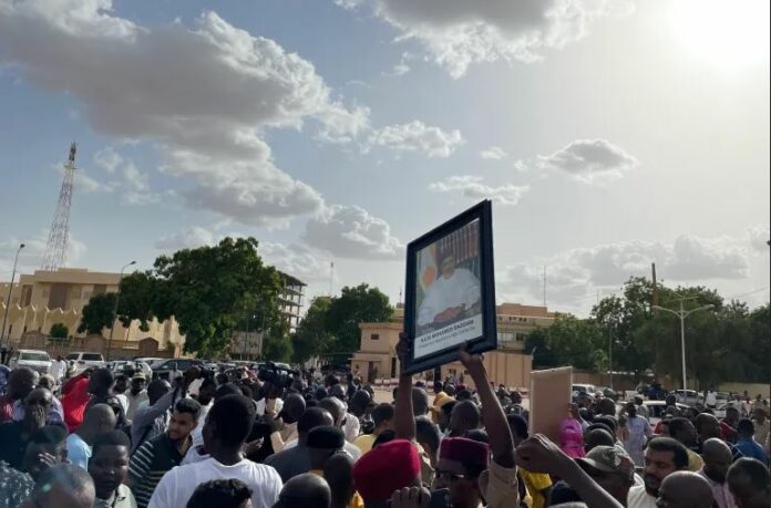 Supporters of Nigerien President Mohamed Bazoum gather to show their support for him in Niamey on July 26, 2023