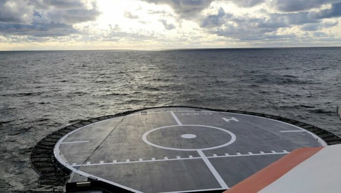 An offshore vessel of the Finnish Border Guard on patrol at sea on October 10, 2023, near the place where the Balticconnector was damaged