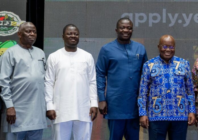 From right; President Akufo-Addo, Minister for Food and Agriculture, Bryan Acheampong, and CEO, YEA, Kofi Agyapong