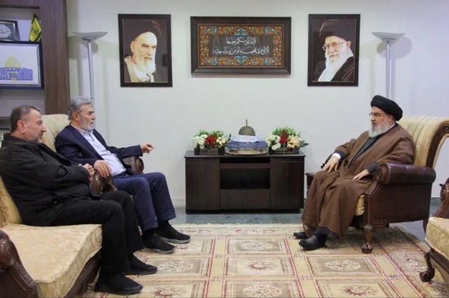 Lebanon's Hezbollah leader Sayyed Hassan Nasrallah meets Islamic Jihad Secretary General Ziad al-Nakhala and deputy leader of Hamas, Saleh al-Arouri