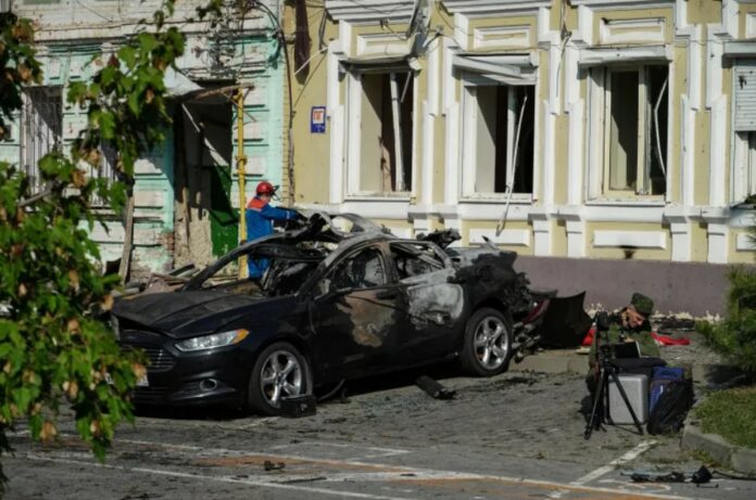 Russian investigator at the site where a Ukrainian drone was shot down by the air defence system in Russia's central Rostov-on-Don region in September 2023