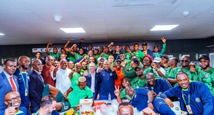 Vice President Shettima celebrating with Super Eagles players after their victory against South Africa