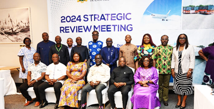 The Transport Minister (3rd Right), Central Regional Minister (3rd Left), Deputy Ministers (1st& 2nd left), Chief Director, Transport (1st right), Head of Civil Servants(2ndc right) and Heads of Agencies under the Ministry of Transport