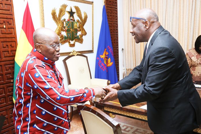 President Akufo-Addo welcoming Dr. David Parierenyatwa Pagwesese (right), President, Society for AIDS in Africa (SAA) to Jubilee House.