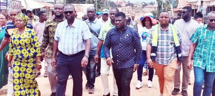 Roads Minister Asenso Boakye inspecting the ongoing road projects with Kwabre South DCE and Parliamentary Candidate