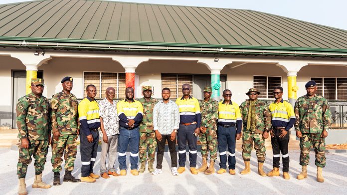 Members of the Ghana Armed Forces, the Ahafo Regional Coordinating Council, and Newmont employees at the commissioning of the Sankore military Forward Operating Base