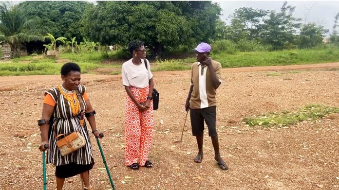 Sabrina Mahmudu, vice president of Ghana Federation of Disability Organization (L), a Journalist (m) and Abu Salis, a physically handicapped farmer