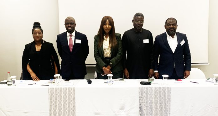 Cheif Executive Officer of AVCA, Abi Mustapha-Maduakor, (Middle) poses with representatives of other trustees ,fter the news conference.