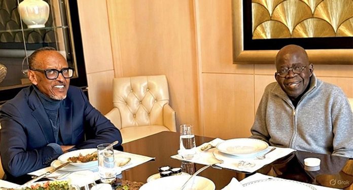 Presidents Bola Tinubu and Paul Kagame having lunch in Paris