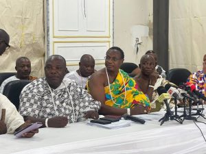 Seated at the press conference, traditional leaders of the Nungua Stool address the media.