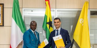 ENI, Partners Sign Health Deal to Serve 380,000 in Ghana’s Western Region Managing Director of Eni, Maurizio Pinna (right), and Director-General of the Ghana Health Service, Prof. Samuel Kaba Akoriyea, exchange documents after signing an agreement during a meeting.