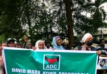 Nafiu Bala-led ADC members protest at INEC HQ over chairmanship dispute