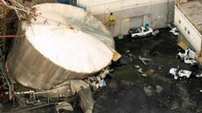 Drone images in the aftermath show the scene of the ruptured chemical tank