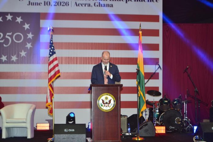 The Acting Chargé d’Affaires of the U.S. Embassy in Ghana, Rolf Olson, addressing guests during the celebration of the 250th Independence Anniversary of the United States of America in Accra.