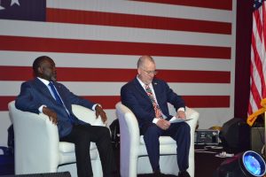 The Attorney-General and Minister for Justice, Dr. Dominic Ayine, representing President John Dramani Mahama, and the Acting Chargé d’Affaires of the U.S. Embassy, Rolf Olson, seated on the dais during the 250th Independence Anniversary celebration of the United States of America held at the U.S. Mission in Accra.