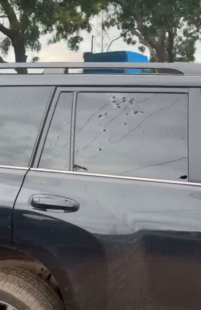 The tinted glass of Sarah Adwoa Sarfo’s vehicle bears multiple bullet holes following an attack by unidentified gunmen. The tinted glass of Sarah Adwoa Sarfo’s vehicle bears multiple bullet holes following an attack by unidentified gunmen.