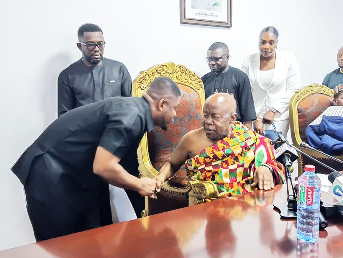 Sammy Gyamfi exchanging pleasantries with Ogyeahoho Yaw Gyebi II at the meeting