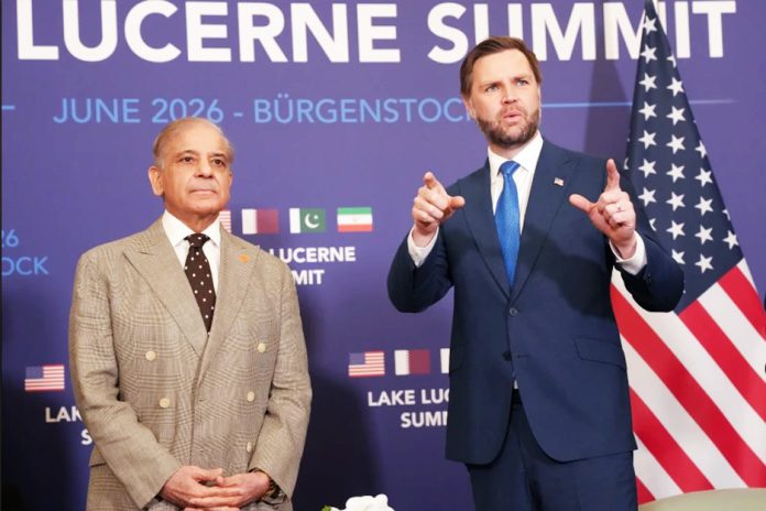 U.S. Vice President JD Vance, right, meets with Pakistan’s Prime Minister Shehbaz Sharif, during high-level talks aimed at advancing a deal to end the Middle East conflict, at the Bürgenstock Resort in Obbuergen, near Lucerne, in Switzerland, Sunday, June 21, 2026. (Nathan Howard/Pool Photo via AP)