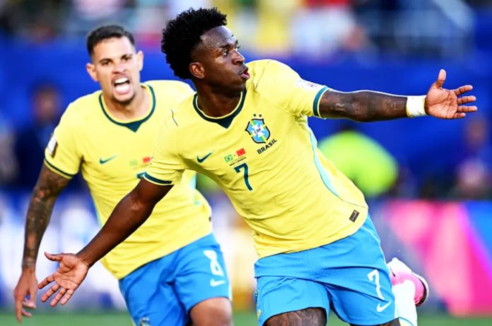 Vinicius Junior of Brazil celebrates his goal