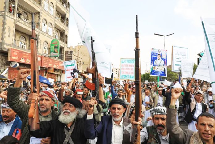 Houthis shout slogans in Yemen’s capital, Sanaa