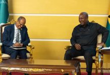 Ghana Pushes AU To Confront Xenophobic Attacks In South Africa President John Dramani Mahama hosts African Union Commission Chairman Mahmoud Ali Youssouf at the Jubilee House in Accra.