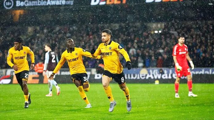 Joao Gomes scored his only goal for Wolves last season against Aston Villa