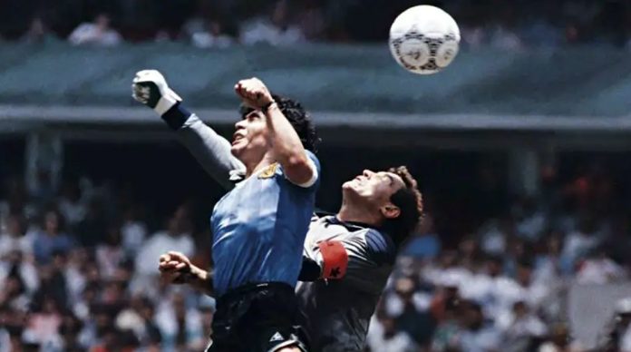Maradona scores the 'Hand of God' goal past Peter Shilton