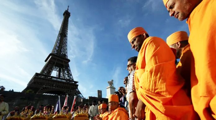 A delegation of BAPS Hindu monks visited the Eiffel Tower on Saturday as part of a visit to Paris to open a new temple
